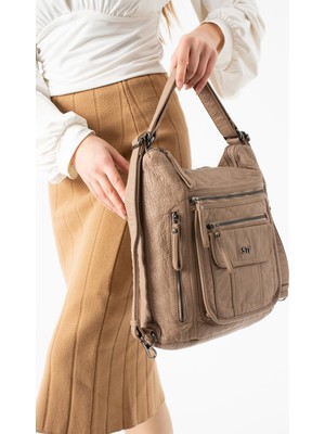 571 Collections Çanta Yıkanmış Deri Hem Sırt Hem Omuz Çantası Krem Model: (571-14-18D)