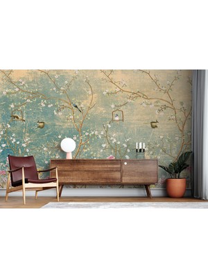 Lotus Aura Çiçekli Kuş Desenli Duvar Kağıdı, Sakura ve Şakayık Desenli Duvar Posteri