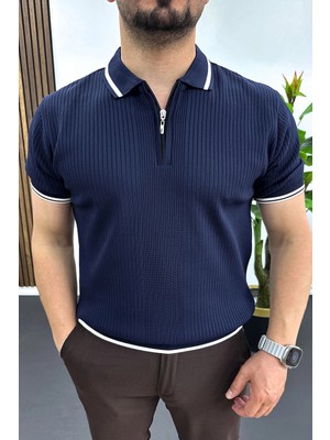 Edwox Erkek Polo Yaka Çizgili Tişört Lacivert EDW472