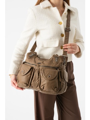 571 Collections Çanta Yıkanmış Deri Çok Bölmeli Omuz Çantası Kahverengi Model:(571-14-18A)