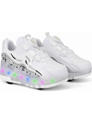 Rocky LED Işıklı Beyaz Patenli Çocuk Ayakkabı – Ortopedik Taban, Çift Kullanım (Spor & Paten)