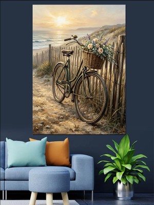 Tablomega Kumsalda Sepetli Bisiklet Gün Batımı Dekoratif Kanvas - Mdf Ahşap Tablo