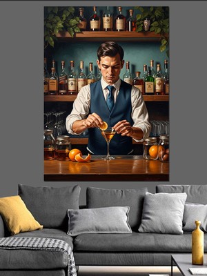 Tablomega Kokteyl Hazırlayan Profesyonel Barmen Tablosu Dekoratif Kanvas - Mdf Ahşap Tablo