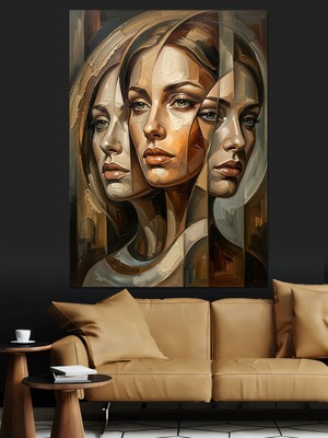 Tablomega Üçlü Bölünmüş Sanatsal Kadın Yüzü Dekoratif Kanvas - Mdf Ahşap Tablo