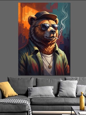 Tablomega Purolu ve Gözlüklü Havalı Ayı Dekoratif Kanvas - Mdf Ahşap Tablo