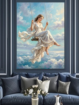 Tablomega Bulutlar Üzerinde Salıncakta Sallanan Kadın Dekoratif Kanvas - Mdf Ahşap Tablo