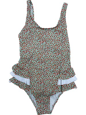Look Me Mint Floral Figürlü Yanları Kat Kat Fırfır Detaylı Kız Çocuk Mayo