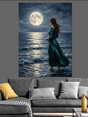 Tablomega Mehtaplı Denizde Yürüyen Yalnız Kadın Dekoratif Kanvas - Mdf Ahşap Tablo