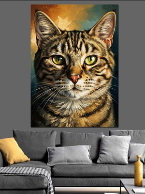 Tablomega Merakla Bakan Tekir Kedi Portresi Dekoratif Kanvas - Mdf Ahşap Tablo