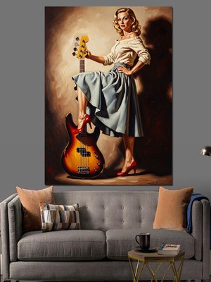 Tablomega Gitar Tutan Şık Pin-Up Kadın Dekoratif Kanvas - Mdf Ahşap Tablo