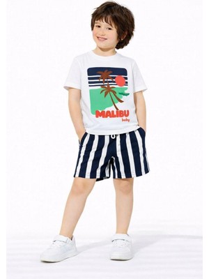 Cg Kids Malibu Kabartma Baskılı Tshirt Çizgili Lacivert Şort ile Süper Kalite
