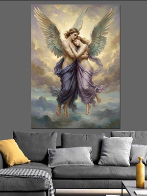 Tablomega Birbirine Sarılan Kanatlı Iki Melek Dekoratif Kanvas - Mdf Ahşap Tablo