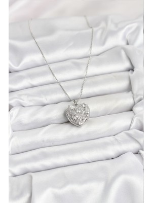 Oska Global 316L Çelik Zincir Gümüş Zirkon Taşlı Kalpli Kadın Kolye - Lisinya
