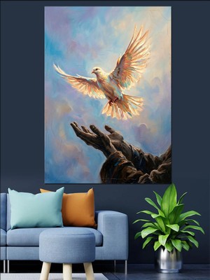 Tablomega El Üzerinde Uçan Beyaz Güvercin Dekoratif Kanvas - Mdf Ahşap Tablo