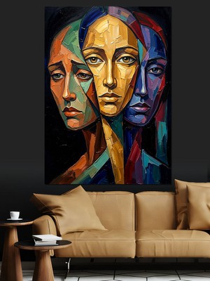 Tablomega Parçalı Renkli Modern Üç Yüz Dekoratif Kanvas - Mdf Ahşap Tablo