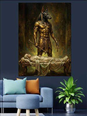 Karizma Tablo Antik Mısır Tanrısı Anubis Heykeli Dekoratif Kanvas - Mdf Ahşap Tablo