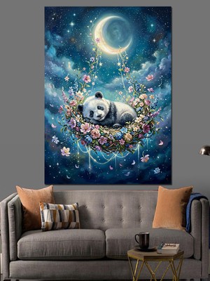 Karizma Tablo Ay Üzerinde Uyuyan Küçük Panda Dekoratif Kanvas - Mdf Ahşap Tablo