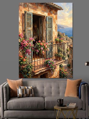 Tablomega Çiçekli Balkon ve Deniz Manzarası Dekoratif Kanvas - Mdf Ahşap Tablo