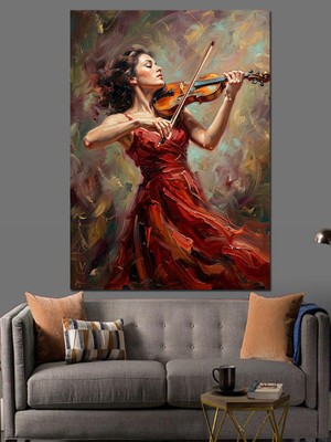 Tablomega Kırmızı Elbiseli Kemancı Kadın Sanatı Dekoratif Kanvas - Mdf Ahşap Tablo