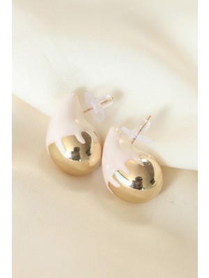 Oska Global Minimal Beyaz Mineli Çift Renk Damla Küpe - Lisinya