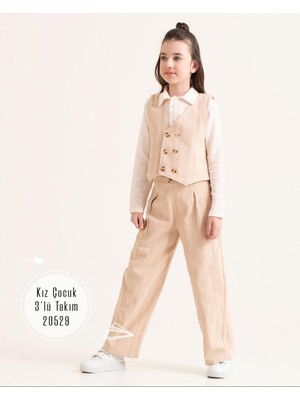 HaanBebe Kız Çocuk Bej/siyah Yelekli Takım - Keten Dokulu Klasik 3'lü Kombin