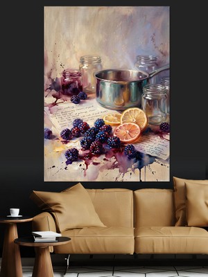 Tablomega Mutfak Tezgahında Meyveler ve Tencere Dekoratif Kanvas - Mdf Ahşap Tablo