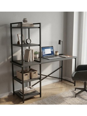 Pratico Melisa 5 Raflı Kitaplıklı Çalışma Masası 120X60 cm Antrasit – Metal Gövde Modern Tasarım