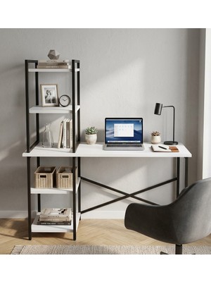 Pratico Melisa 5 Raflı Kitaplıklı Çalışma Masası 120X60 cm Beyaz– Metal Gövde Modern Tasarım