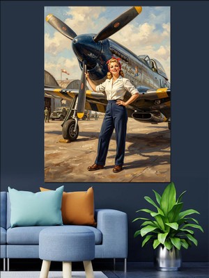 Karizma Tablo Uçak Önünde Duran Pilot Kadın Dekoratif Kanvas - Mdf Ahşap Tablo