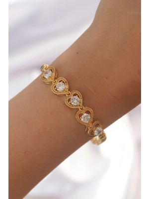 Oska Global Pirinç Gold Renk Içi Zirkon Taşlı Kalp Figürlü Bileklik - Lisinya