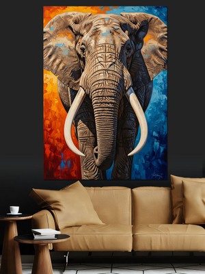 Tablomega Mavi Arka Planda Heybetli Fil Dekoratif Kanvas - Mdf Ahşap Tablo