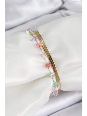 Oska Global 316L Çelik Gold Renk Kristal Karışık Renkli Taşlı Kadın Bileklik - Lisinya