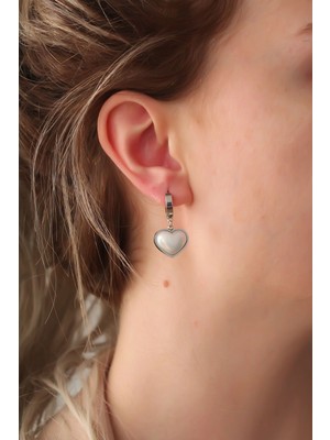 Oska Global 316L Çelik Gümüş Renk Beyaz Bombeli Kalp Küpe - Lisinya