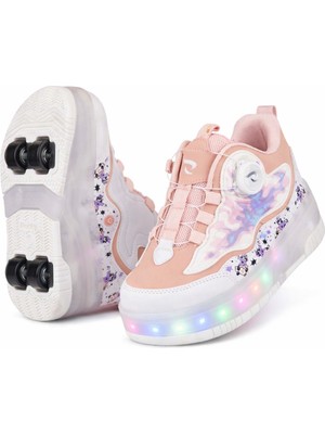Rocky 💖 LED Işıklı Pembe Patenli Çocuk Ayakkabı – Ortopedik Taban, Çift Kullanım (Spor & Paten)