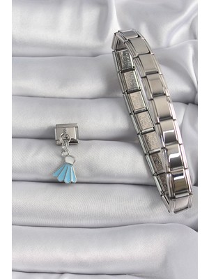 Oska Global 316L Çelik Gümüş Renk Mavi Renk Sallantı Elbise Model Nomination Charm - Lisinya