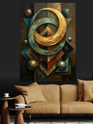 Tablomega Altın Sarısı Geometrik Soyut Tasarım Dekoratif Kanvas - Mdf Ahşap Tablo