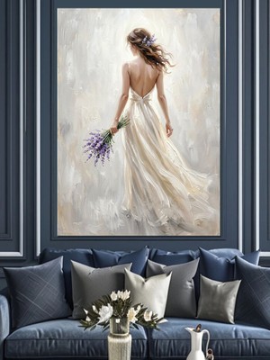 Tablomega Beyaz Elbiseli Çiçek Tutan Kadın Dekoratif Kanvas - Mdf Ahşap Tablo