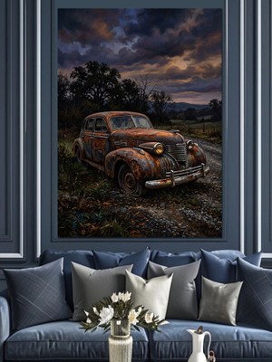 Tablomega Terk Edilmiş Paslı Klasik Araba Dekoratif Kanvas - Mdf Ahşap Tablo
