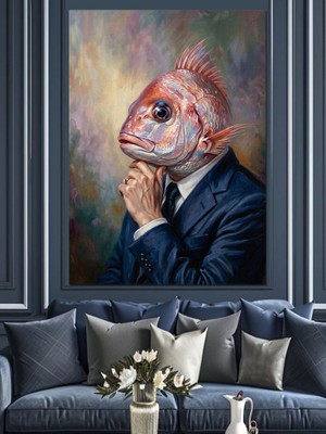 Karizma Tablo Balık Başlı Takım Elbiseli Adam Dekoratif Kanvas - Mdf Ahşap Tablo