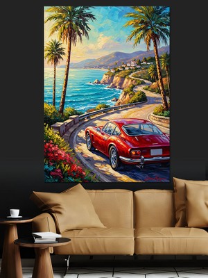 Tablomega Sahil Yolunda Ilerleyen Kırmızı Araba Dekoratif Kanvas - Mdf Ahşap Tablo