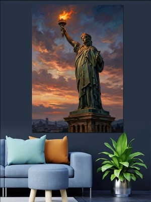 Tablomega Meşaleli Özgürlük Heykeli New York Dekoratif Kanvas - Mdf Ahşap Tablo