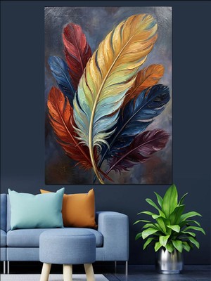 Tablomega Rengarenk Tüylü Büyük Kuş Tüyü Dekoratif Kanvas - Mdf Ahşap Tablo