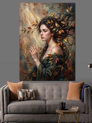 Tablomega Başı Yapraklarla Kaplı Mistik Kadın Dekoratif Kanvas - Mdf Ahşap Tablo