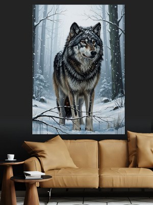 Karizma Tablo Kar Altında Yalnız Bozkurt Portresi Dekoratif Kanvas - Mdf Ahşap Tablo