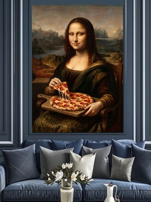 Tablomega Pizza Yiyen Mona Lisa Portresi Dekoratif Kanvas - Mdf Ahşap Tablo