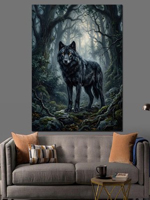 Tablomega Karanlık Ormanda Yalnız Siyah Kurt Dekoratif Kanvas - Mdf Ahşap Tablo