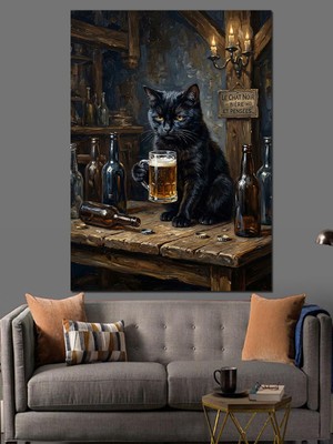 Karizma Tablo Bira Içen Siyah Kedi Tablosu Dekoratif Kanvas - Mdf Ahşap Tablo