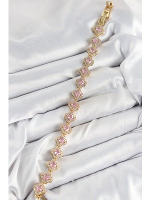 Oska Global Pirinç Zirkon Taşlı Pembe Yonca Baget Model Gold Renk Vıp Seri Kadın Bileklik - Lisinya