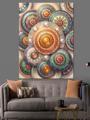 Tablomega Renkli Mandala ve Güneş Deseni Dekoratif Kanvas - Mdf Ahşap Tablo