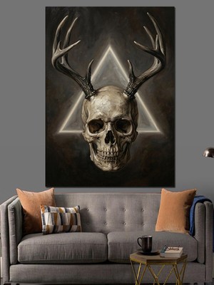 Tablomega Geyik Boynuzlu Mistik Kurukafa Portresi Dekoratif Kanvas - Mdf Ahşap Tablo